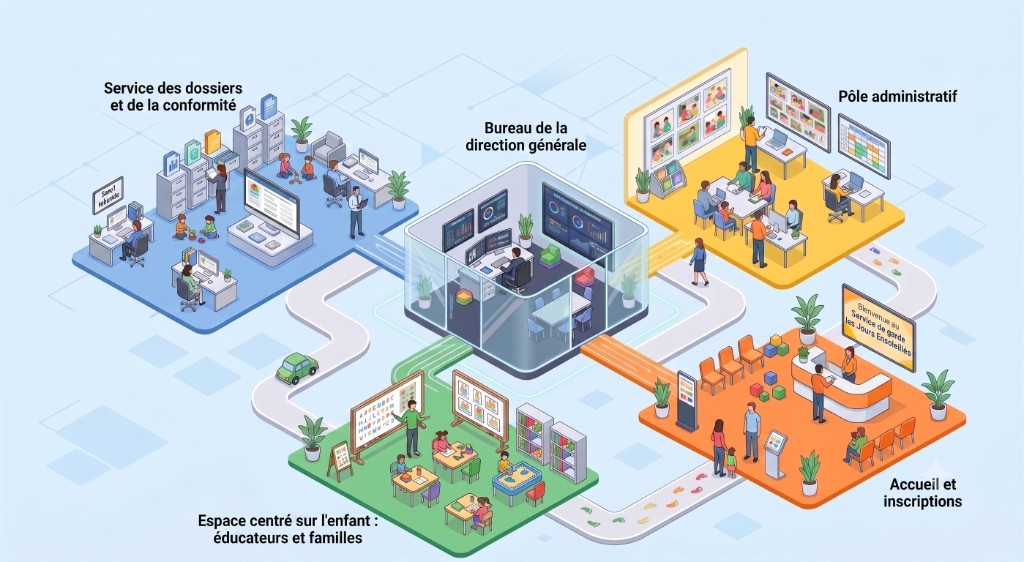 Carte des bureaux AuraOS — direction au centre, cinq départements